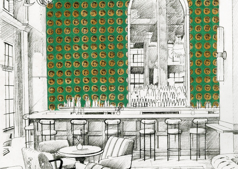Hand drawn sketch of medallion wallpaper in bar Hand drawn sketch of medallion wallpaper in bar