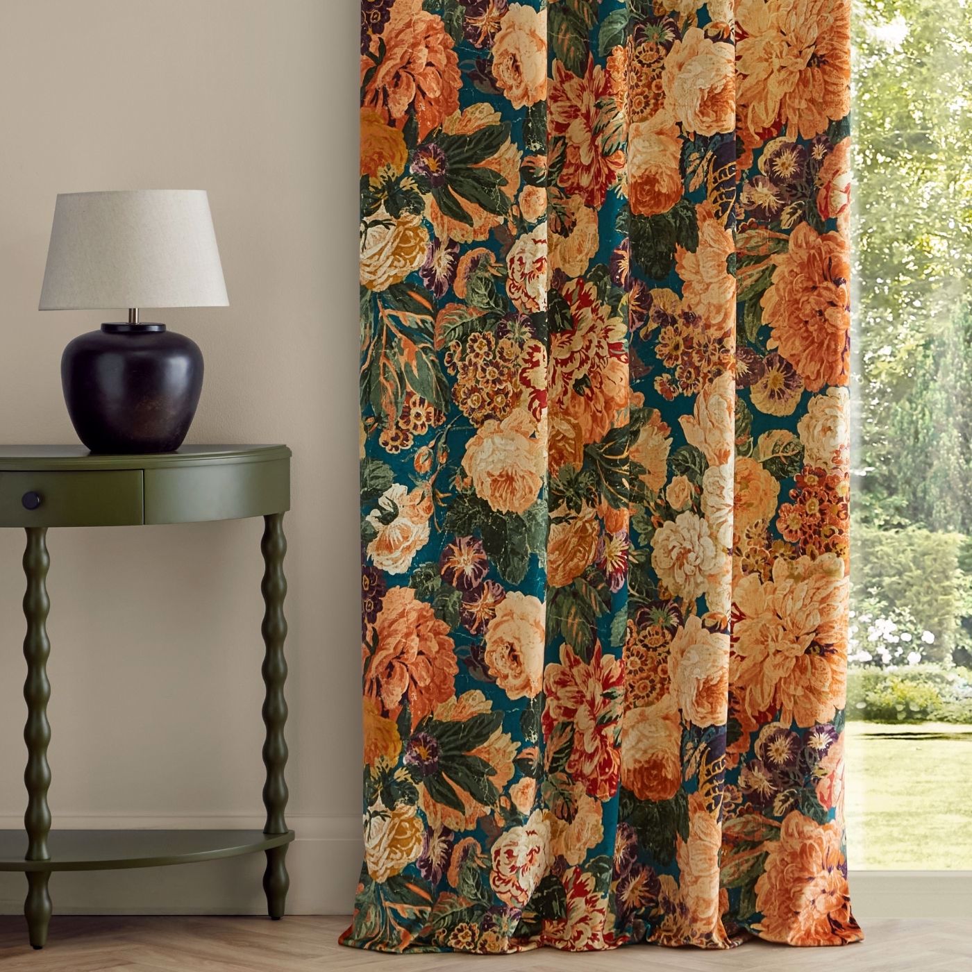 Very Rose and Peony Velvet Kingfisher/Rowan Berry Fabric by SAN