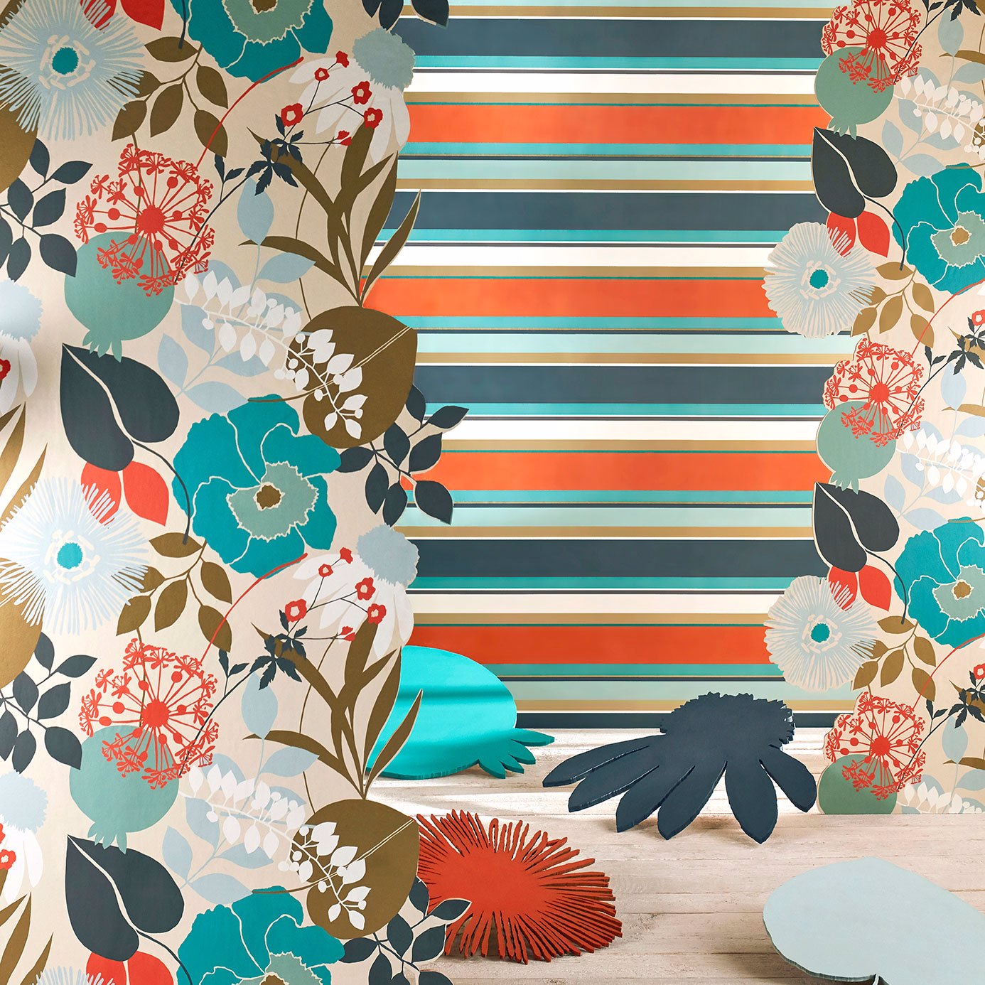 Bella Stripe Coral / Gold / Turquoise Wallpaper by HAR