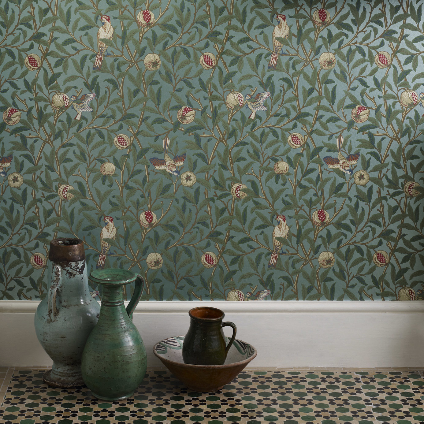 Bird & Pomegranate Turquoise/Coral Wallpaper by MOR