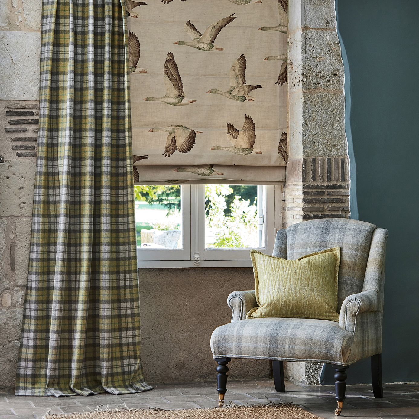Elysian Geese Briarwood/Linen Fabric by SAN