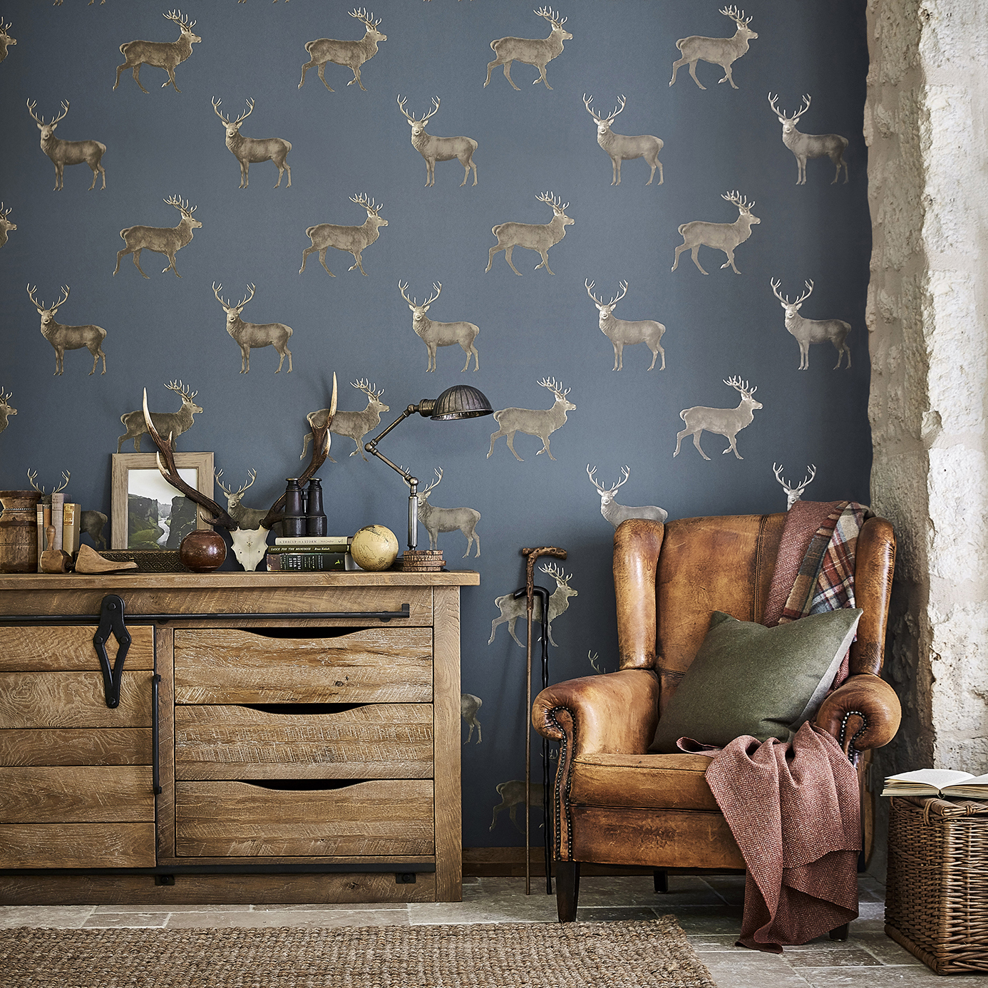 Evesham Deer Indigo Wallpaper by SAN