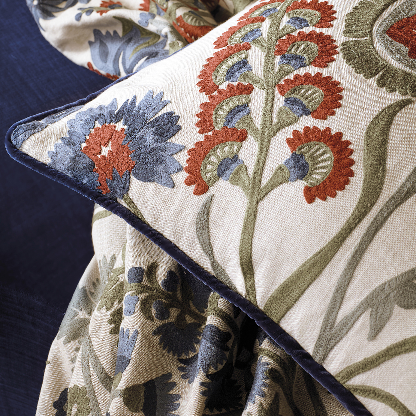 Hardwick Crewel Sunstone/Indigo Fabric by ZOF