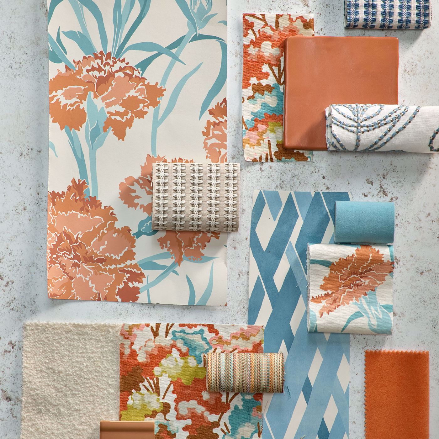 Fleur de Joie Wide Width Paprika/Aqua/Soft Focus Wallpaper by HAR