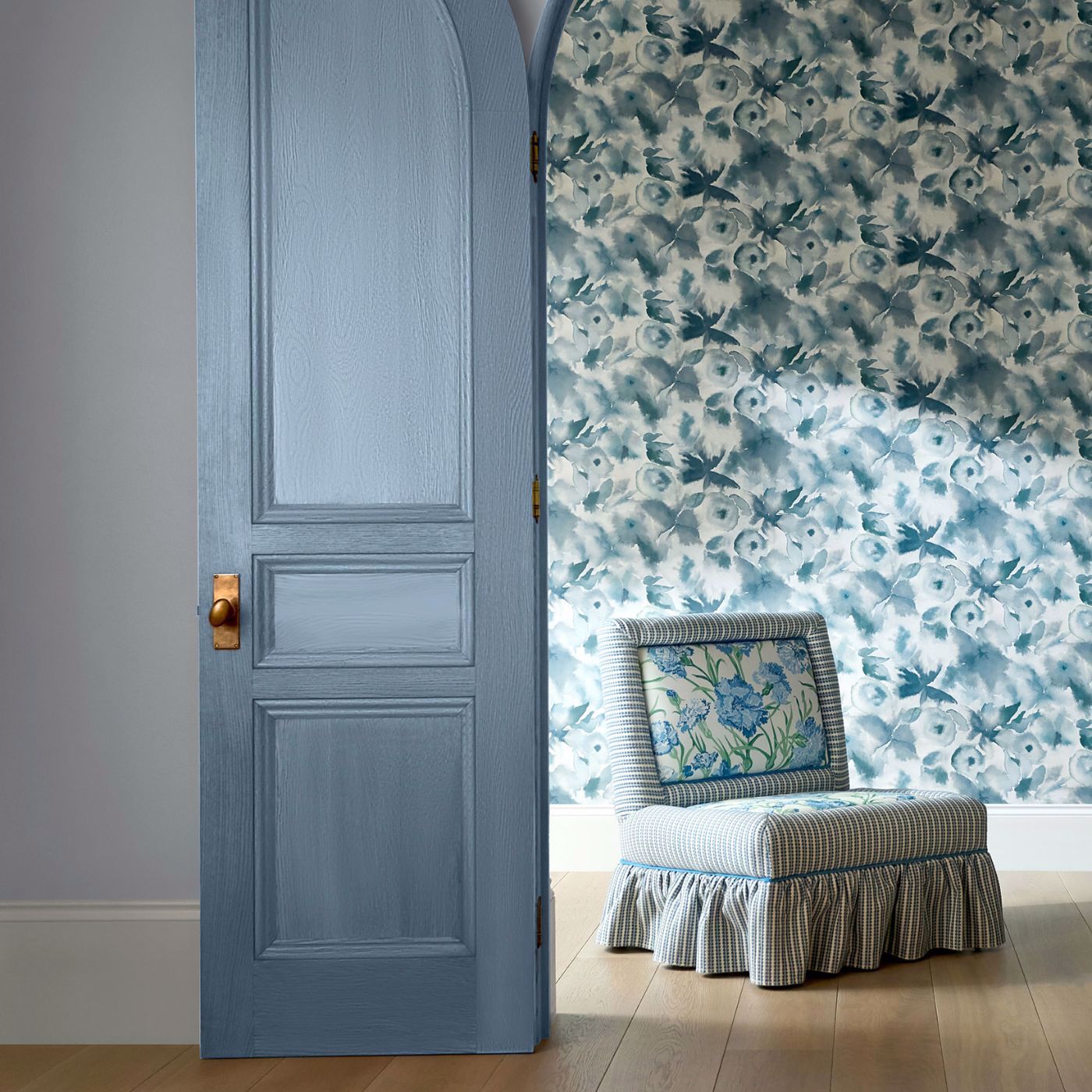 Flores Wide Width Cornflower/First Light/Denim Wallpaper by HAR