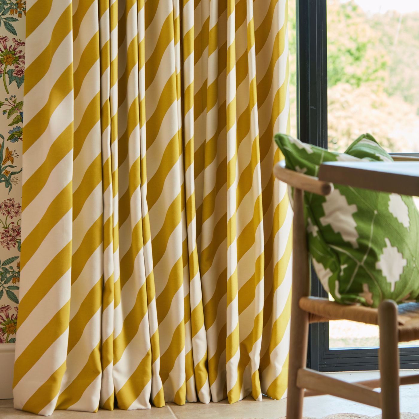 YELLOW White Striped Fabric - Sofia Stripes Curtain Upholstery