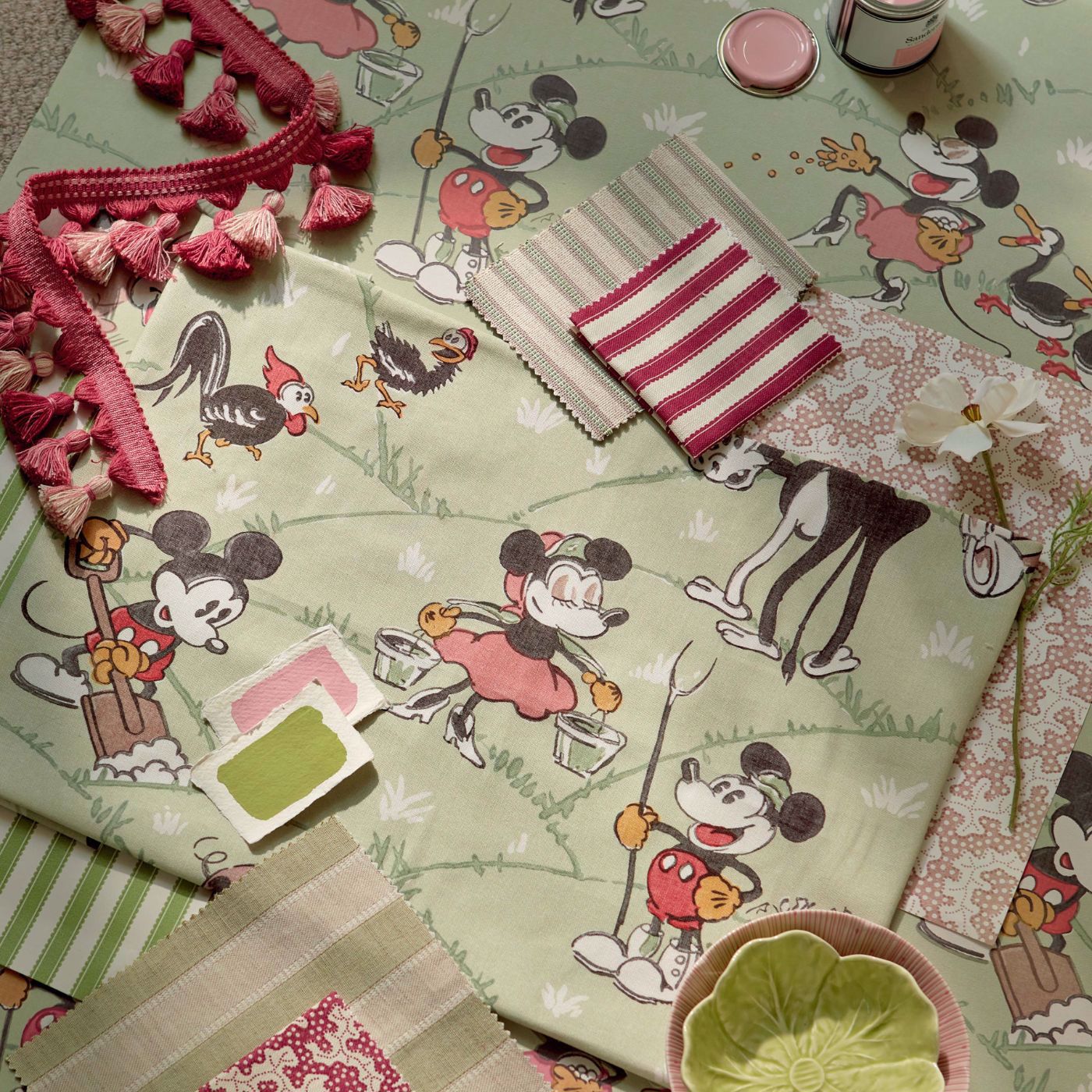 Mickey At The Farm Macaron Green Fabric by SAN