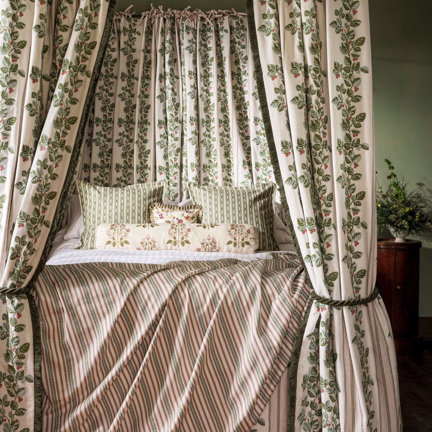 Cobnut Stripe Leaf Green/Berry Fabric by SAN