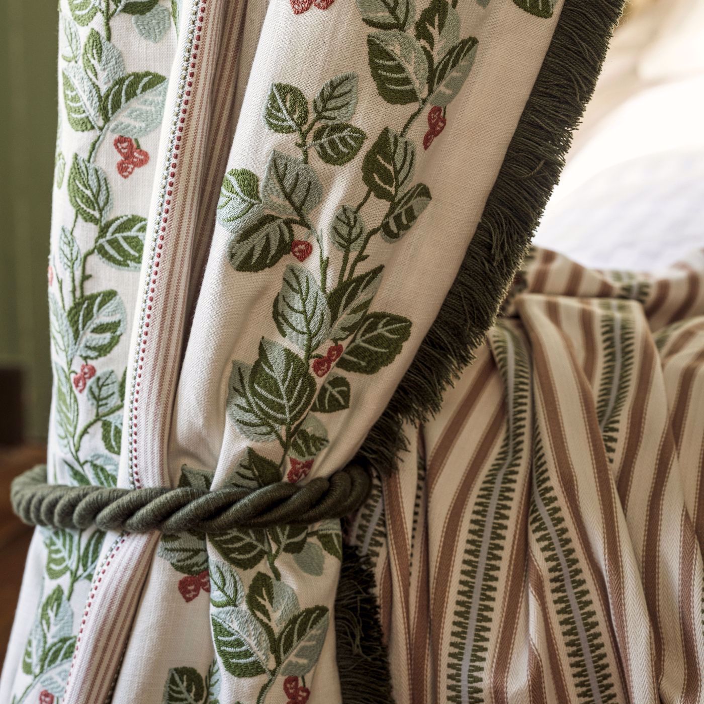 Cobnut Stripe Leaf Green/Berry Fabric by SAN