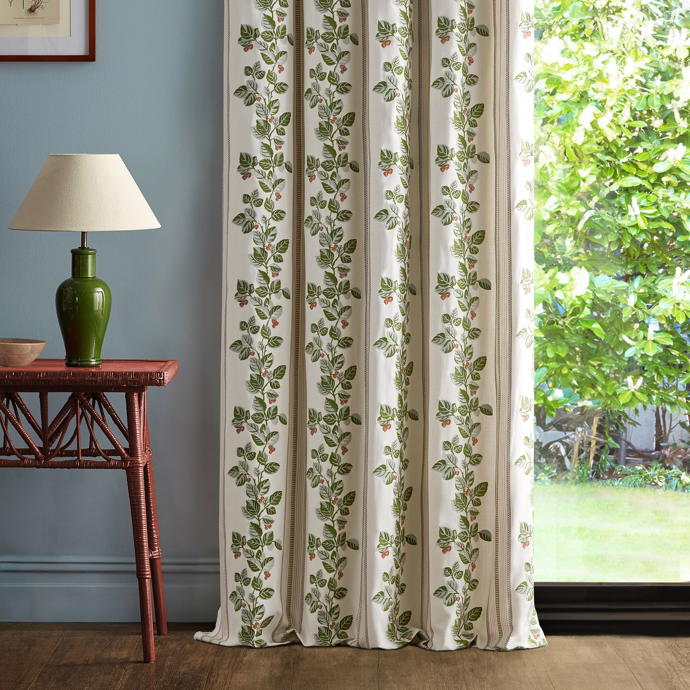 Cobnut Stripe Leaf Green/Berry Fabric by SAN