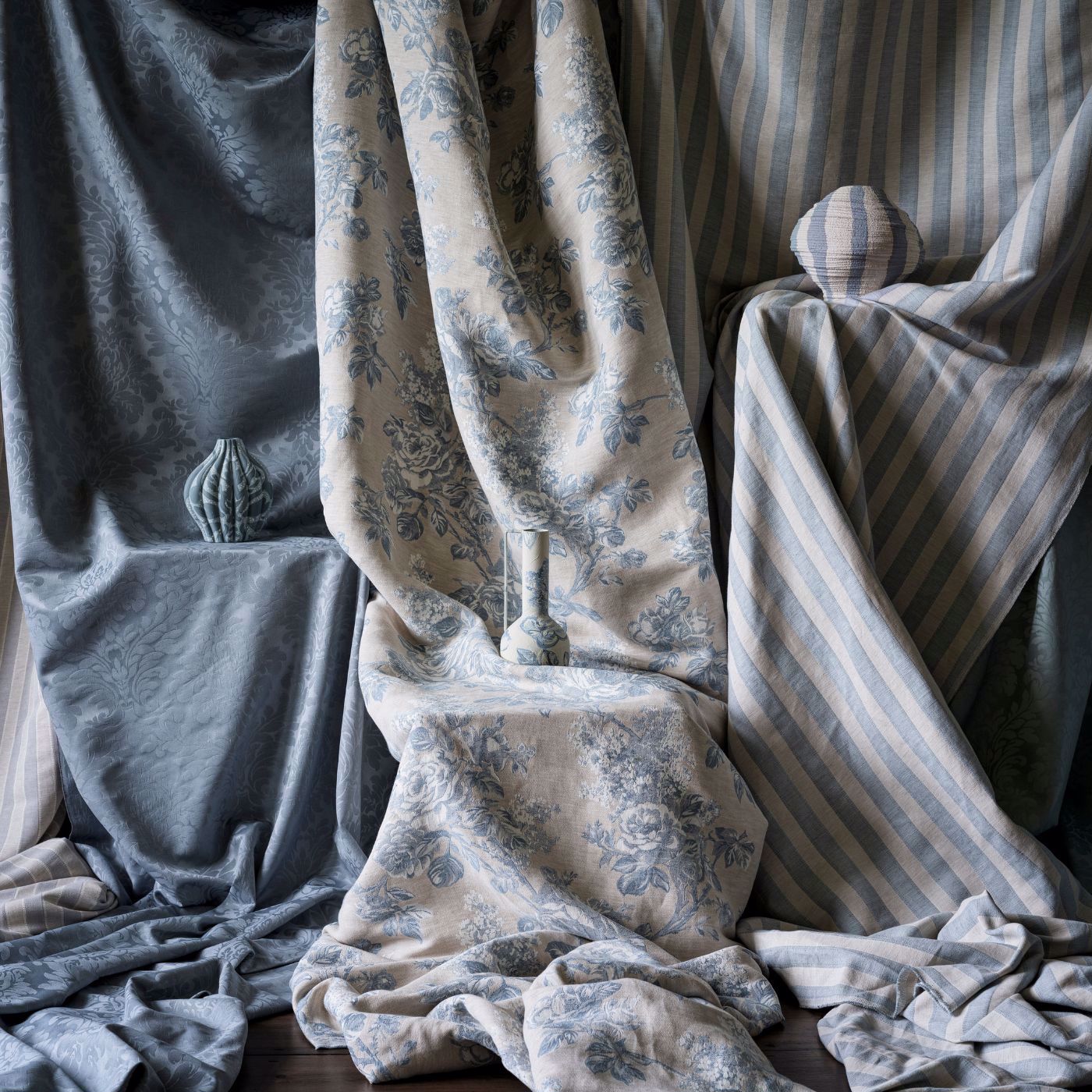 Sorilla Damask Delft/Linen Fabric by SAN