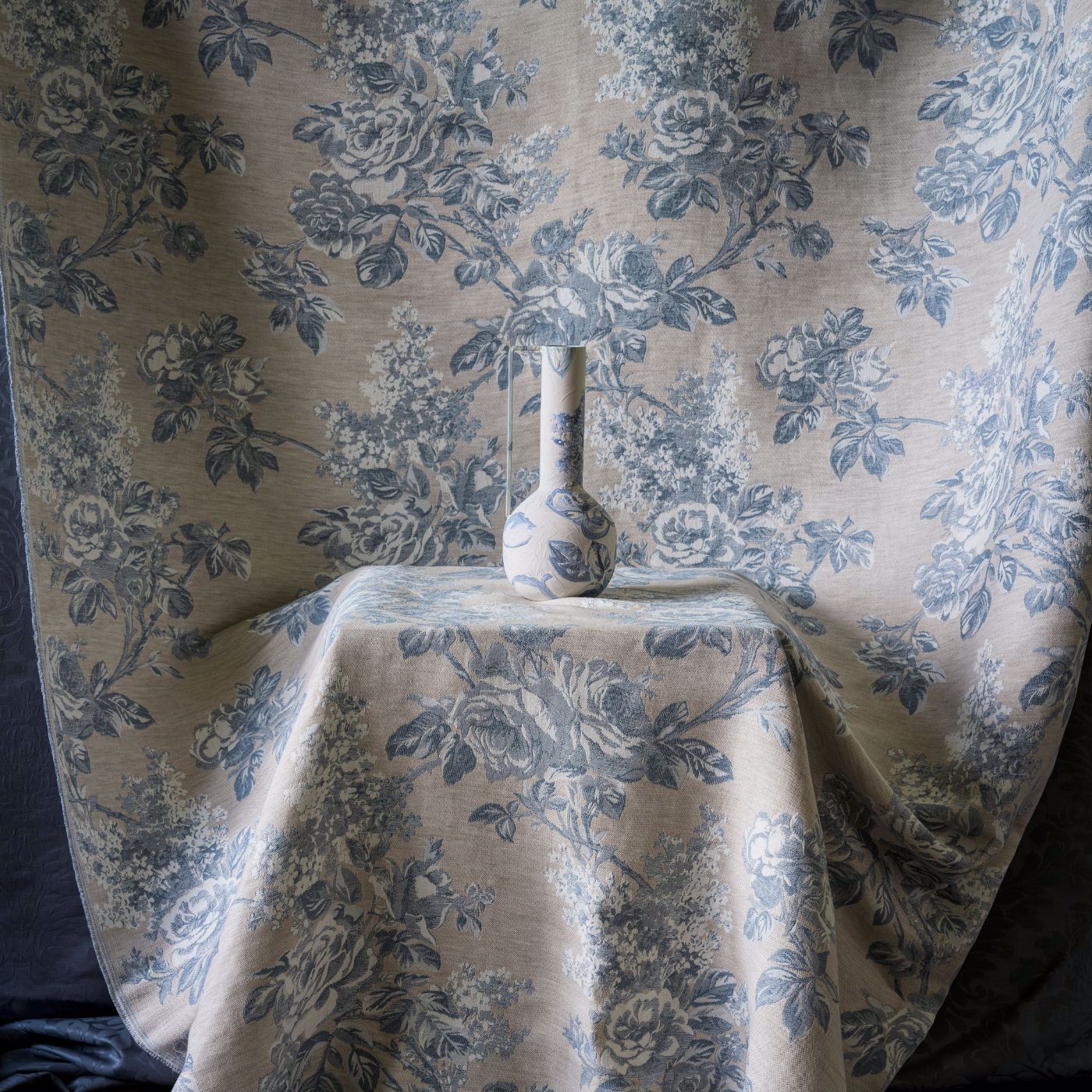 Sorilla Damask Delft/Linen Fabric by SAN