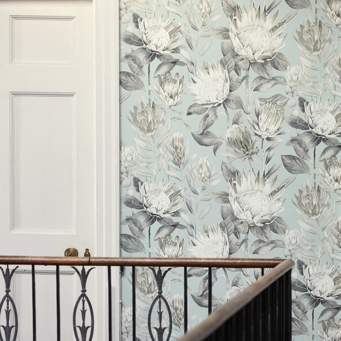 King Protea Aqua/Linen Wallpaper by SAN
