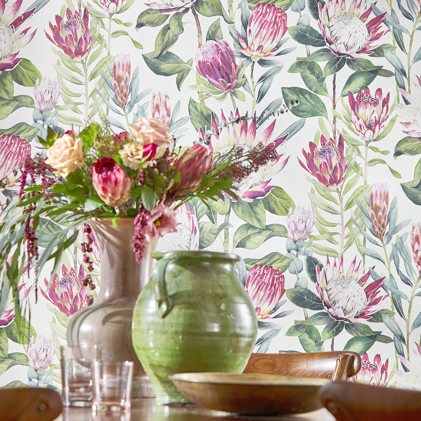 King Protea Linen/Mica Wallpaper by SAN