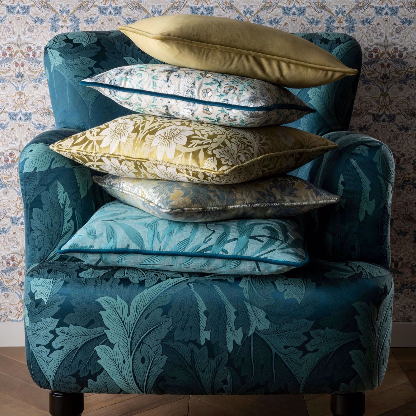 Acanthus Jacquard Teal Fabric by CNC