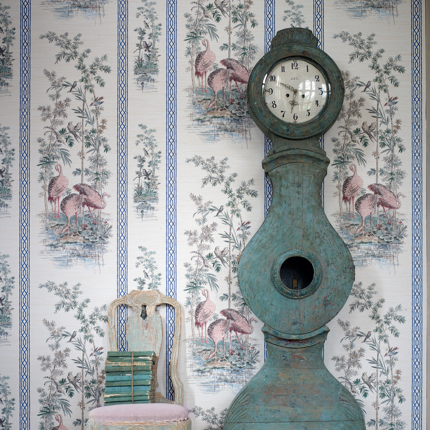 Storks & Thrushes Tuscan Pink / Cobalt Wallpaper by ZOF