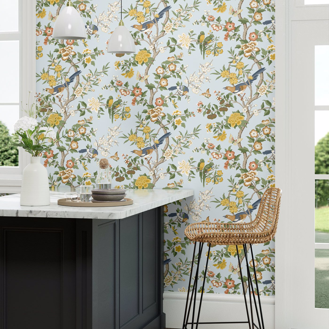 Chinoiserie Hall Dawn Blue/Persimmon Wallpaper by SAN