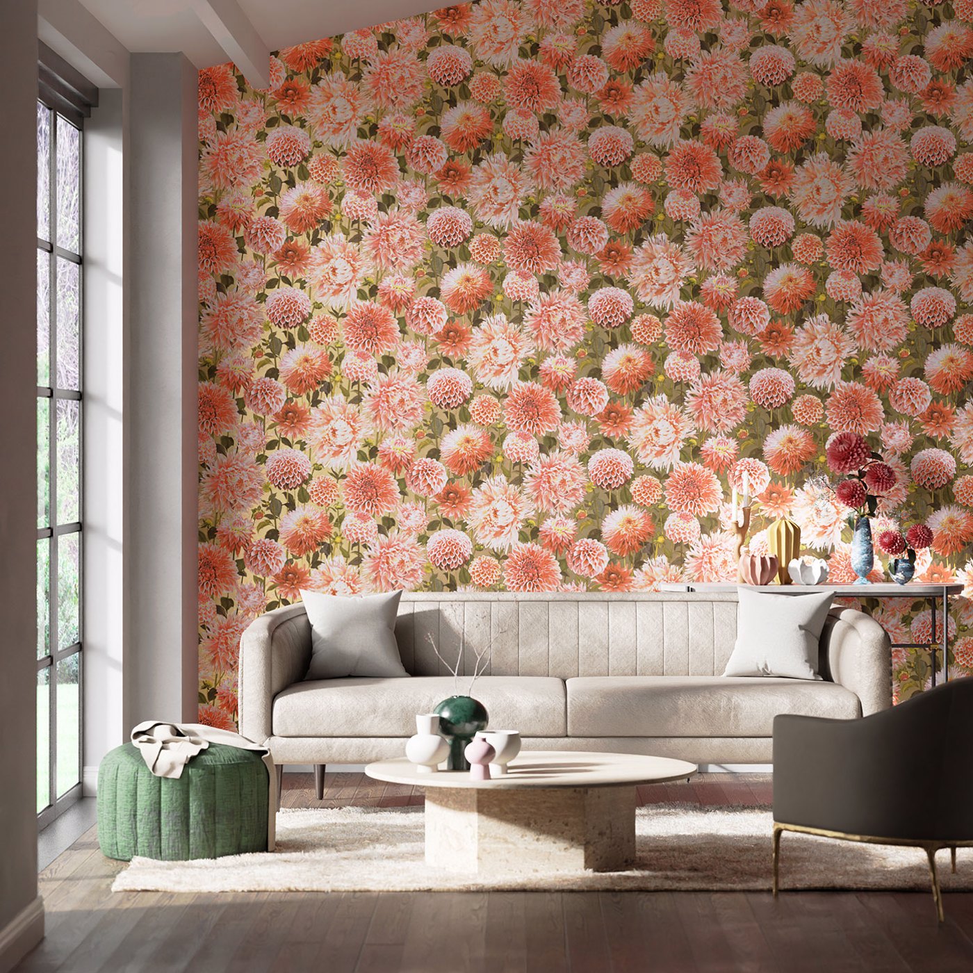 Dahlia Coral/Fig Leaf/Gilver Wallpaper by HAR