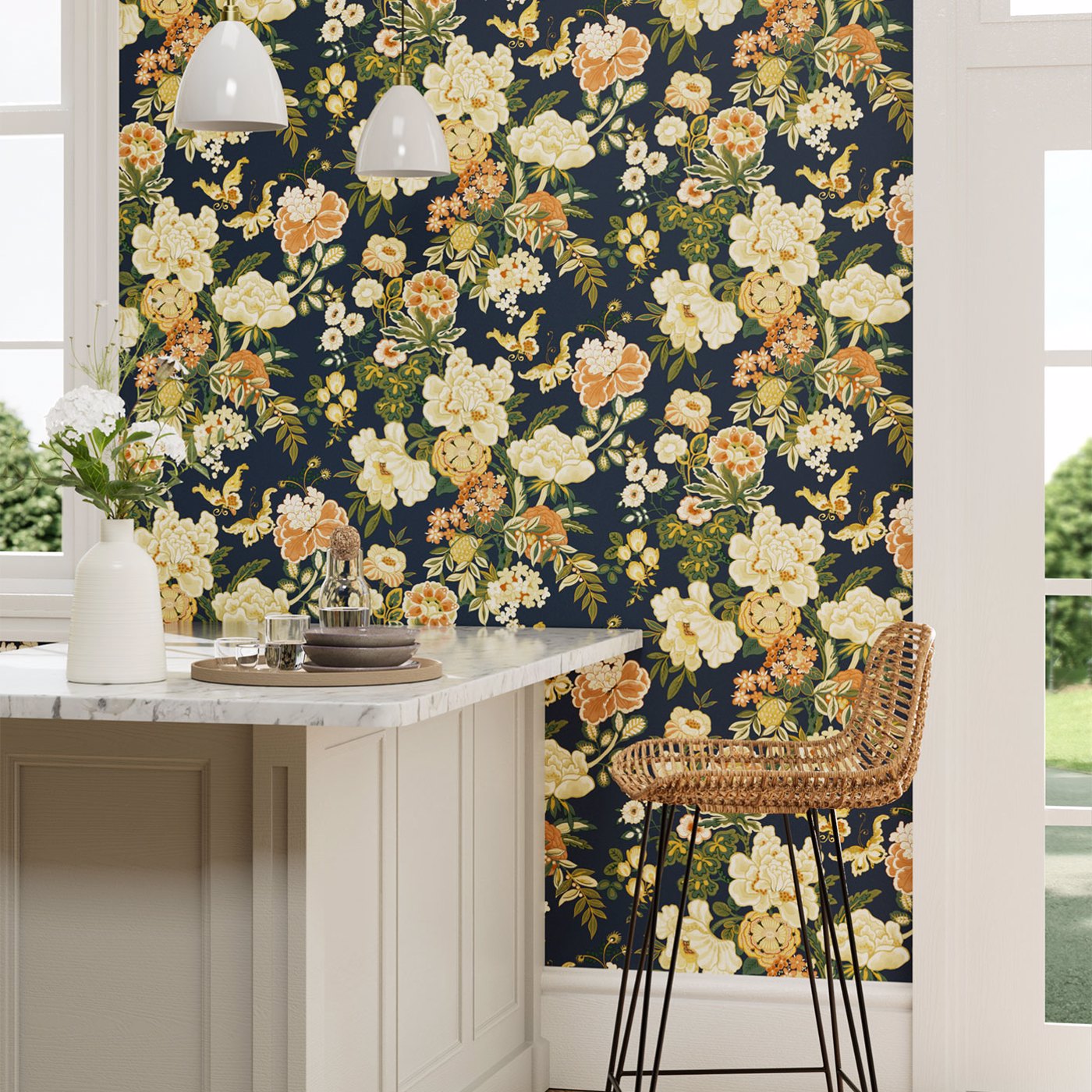 Emperor Peony Midnight/Apricot Wallpaper by SAN