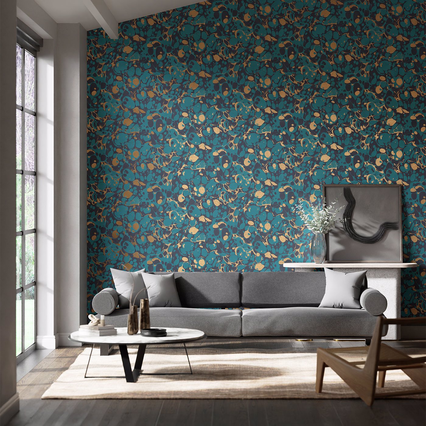 Marble Azurite/ Copper/Japanese Ink Wallpaper by HAR