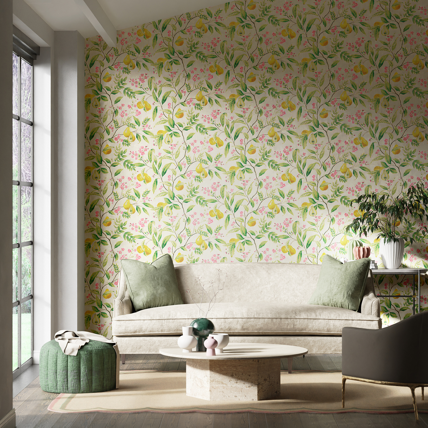 Marie Wide Width Fig leaf/Honey/Blossom Wallpaper by HAR