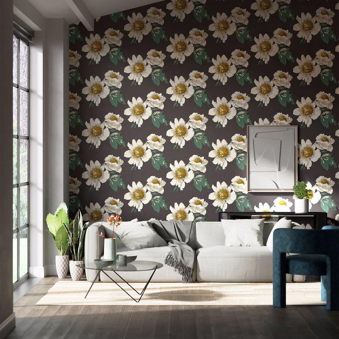 Paeonia Black Earth/Fig Leaf/ Gold Wallpaper by HAR