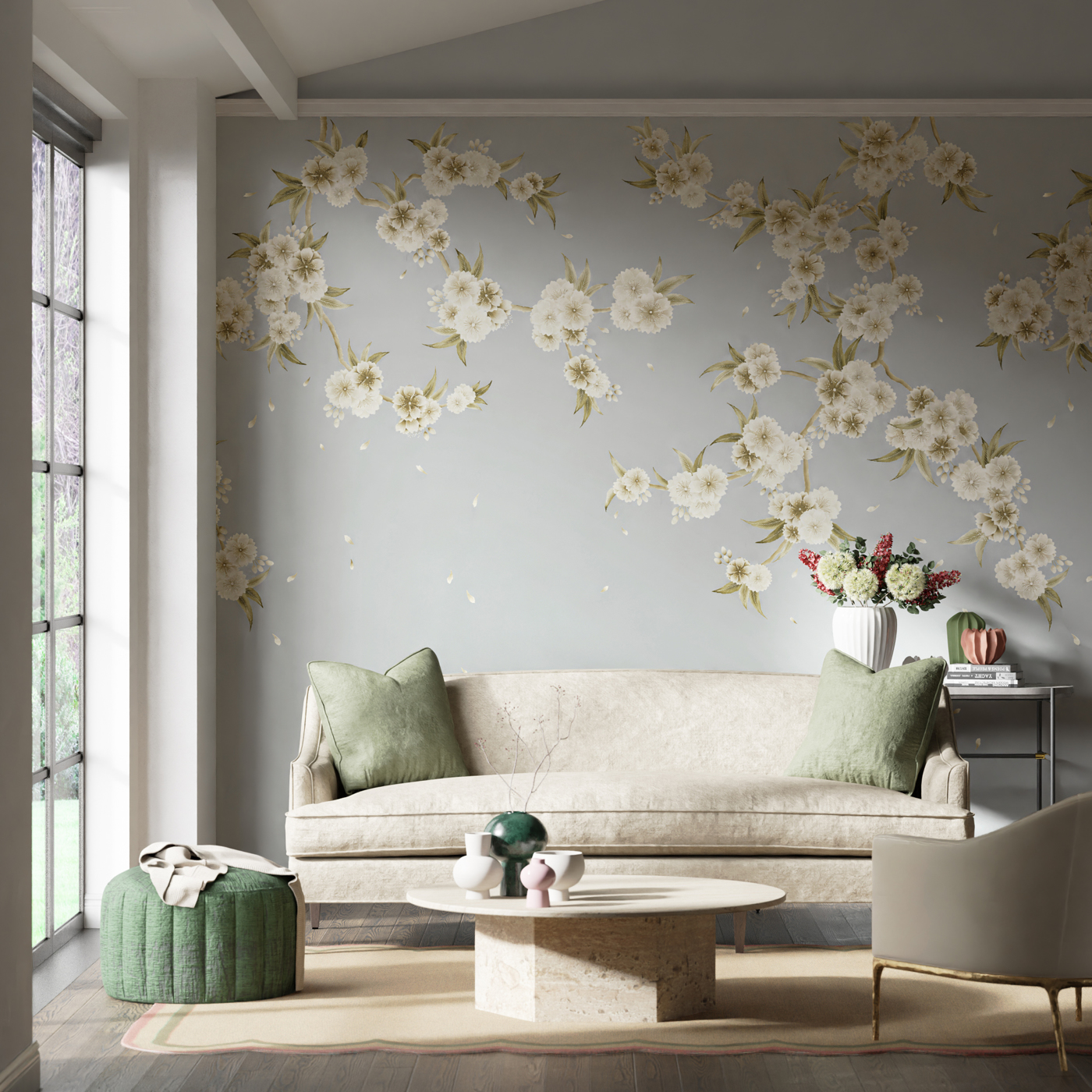 Rosa Feather Grey/ Paper Lantern/Oyster Wallpaper by HAR