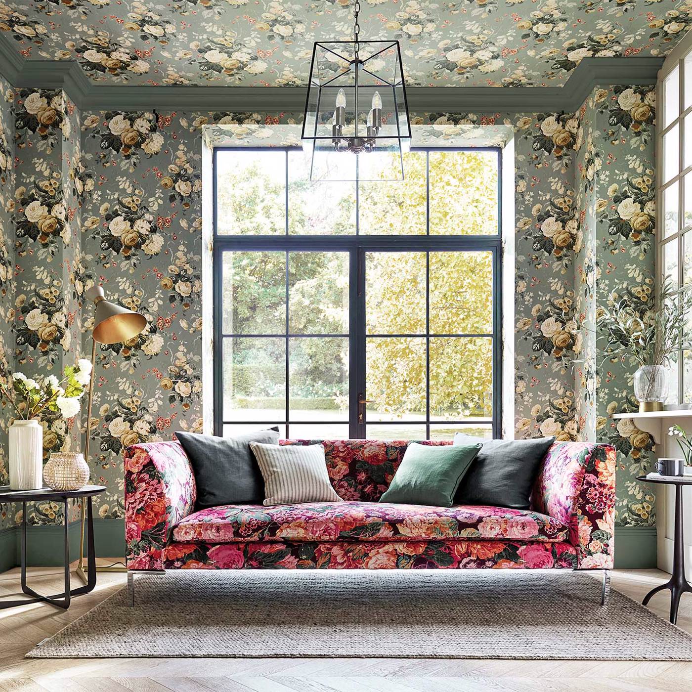 Very Rose and Peony Kingfisher/Rowan Berry Fabric by SAN