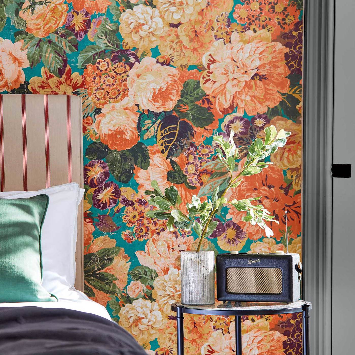 Very Rose and Peony Kingfisher/Rowan Berry Wallpaper by SAN