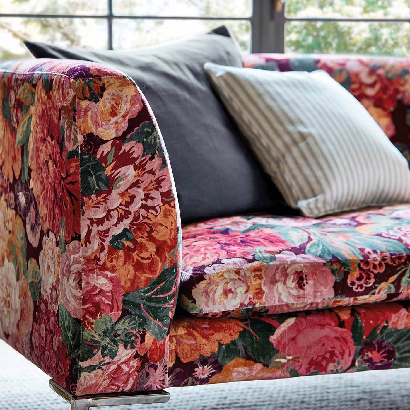 Very Rose and Peony Kingfisher/Rowan Berry Fabric by SAN