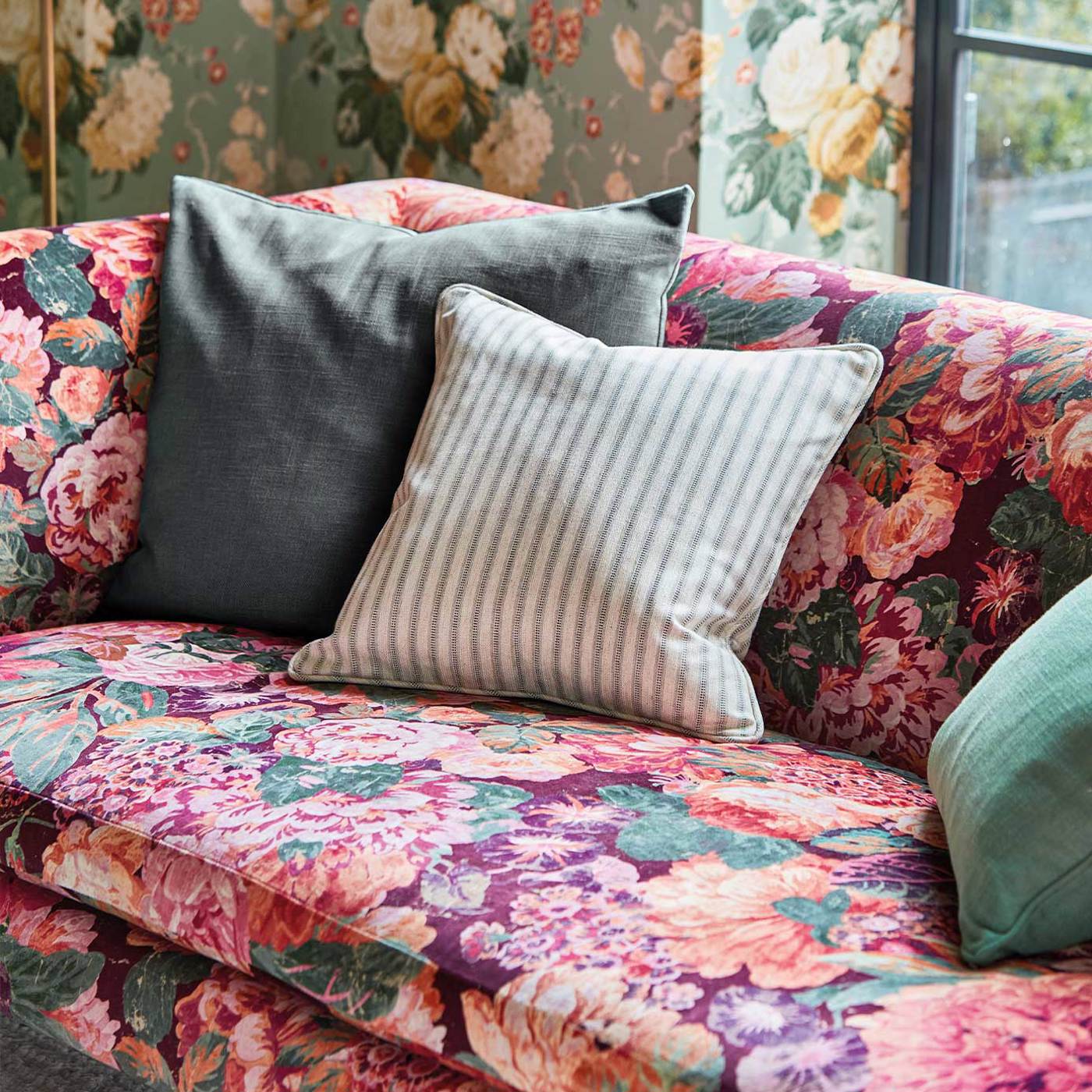 Very Rose and Peony Kingfisher/Rowan Berry Fabric by SAN