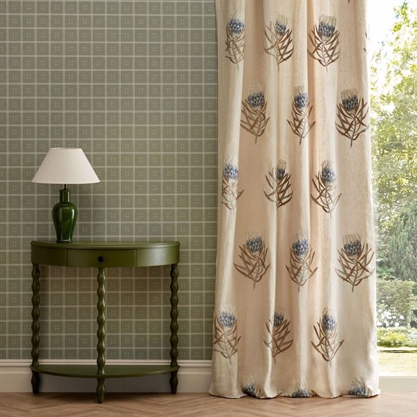 Protea Flower China Blue/Linen Fabric by Sanderson