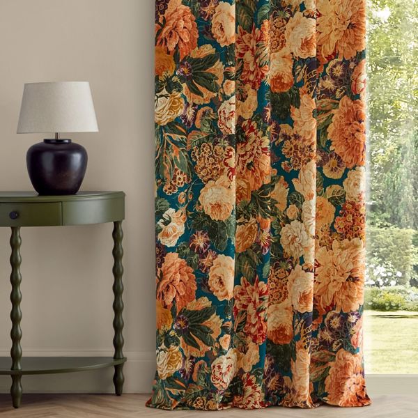 Very Rose and Peony Velvet Kingfisher/Rowan Berry Fabric by Sanderson