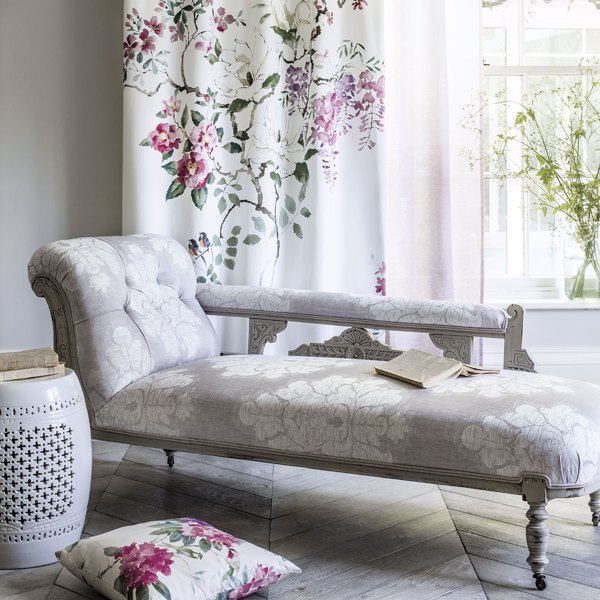 Magnolia & Blossom Coral/Silver Fabric by Sanderson