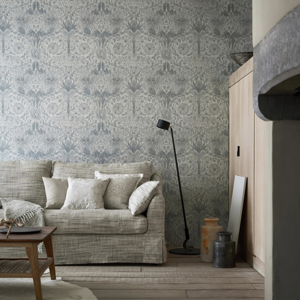 Pure Honeysuckle & Tulip Grey Blue Wallpaper by Morris & Co