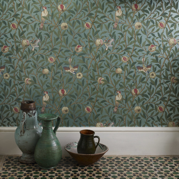 Bird & Pomegranate Turquoise/Coral Wallpaper by Morris & Co