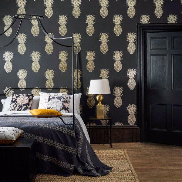 Pineapple Royale Graphite/Gold Wallpaper by Sanderson