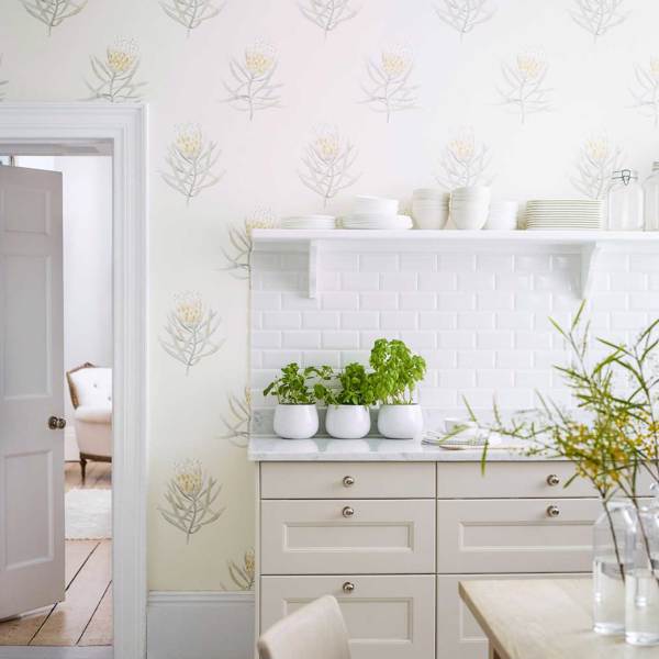 Protea Flower China Blue/Canvas Wallpaper by Sanderson