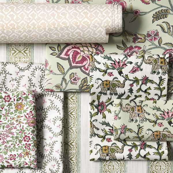 Buta Embroidery Sage/Blush Fabric by Clarke & Clarke