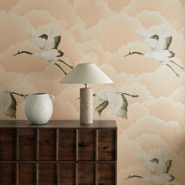 Cranes In Flight Wide Width Pebble Wallpaper by Harlequin