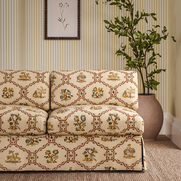 Partridge & Pear Fig/Wheat Fabric by Sanderson