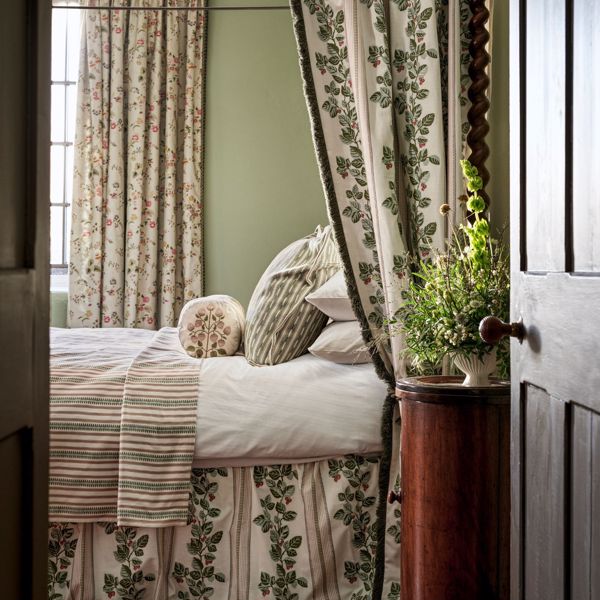 Cobnut Stripe Leaf Green/Berry Fabric by Sanderson
