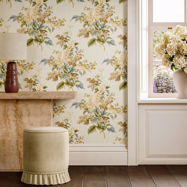 Delphiniums & Lilac Meadow Moss Wallpaper by Sanderson