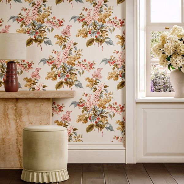Delphiniums & Lilac Madder Rose/Sepia Wallpaper by Sanderson