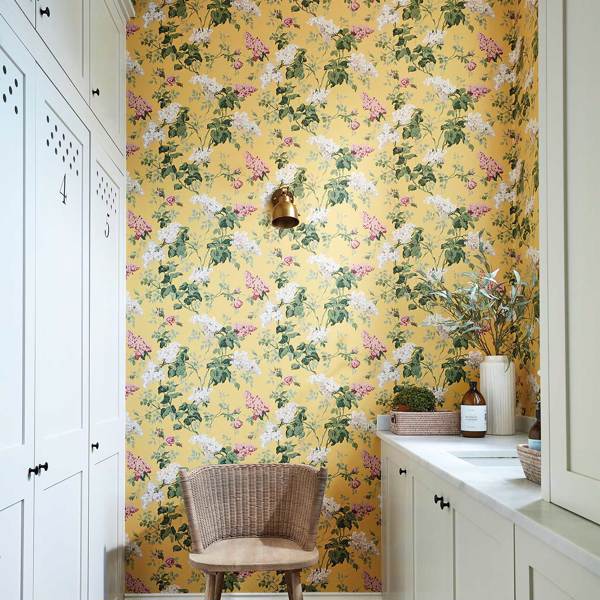 Olivia Floral Metallic Glitter wallpaper in mustard | I Love Wallpaper