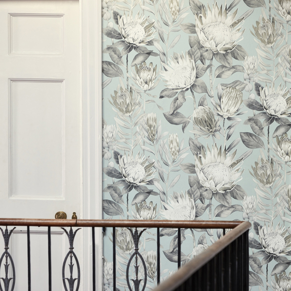 King Protea Aqua/Linen Wallpaper by Sanderson