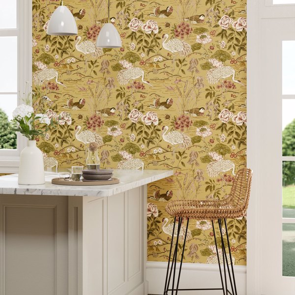 Crane & Frog Honey/Olive Wallpaper | Sanderson by Sanderson Design