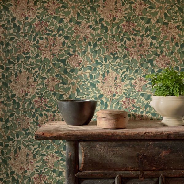 Honeysuckle Green/Coral/Pink Wallpaper by Morris & Co