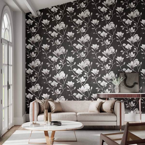 Lotus Wide Width Onyx/Silver Wallpaper by Harlequin