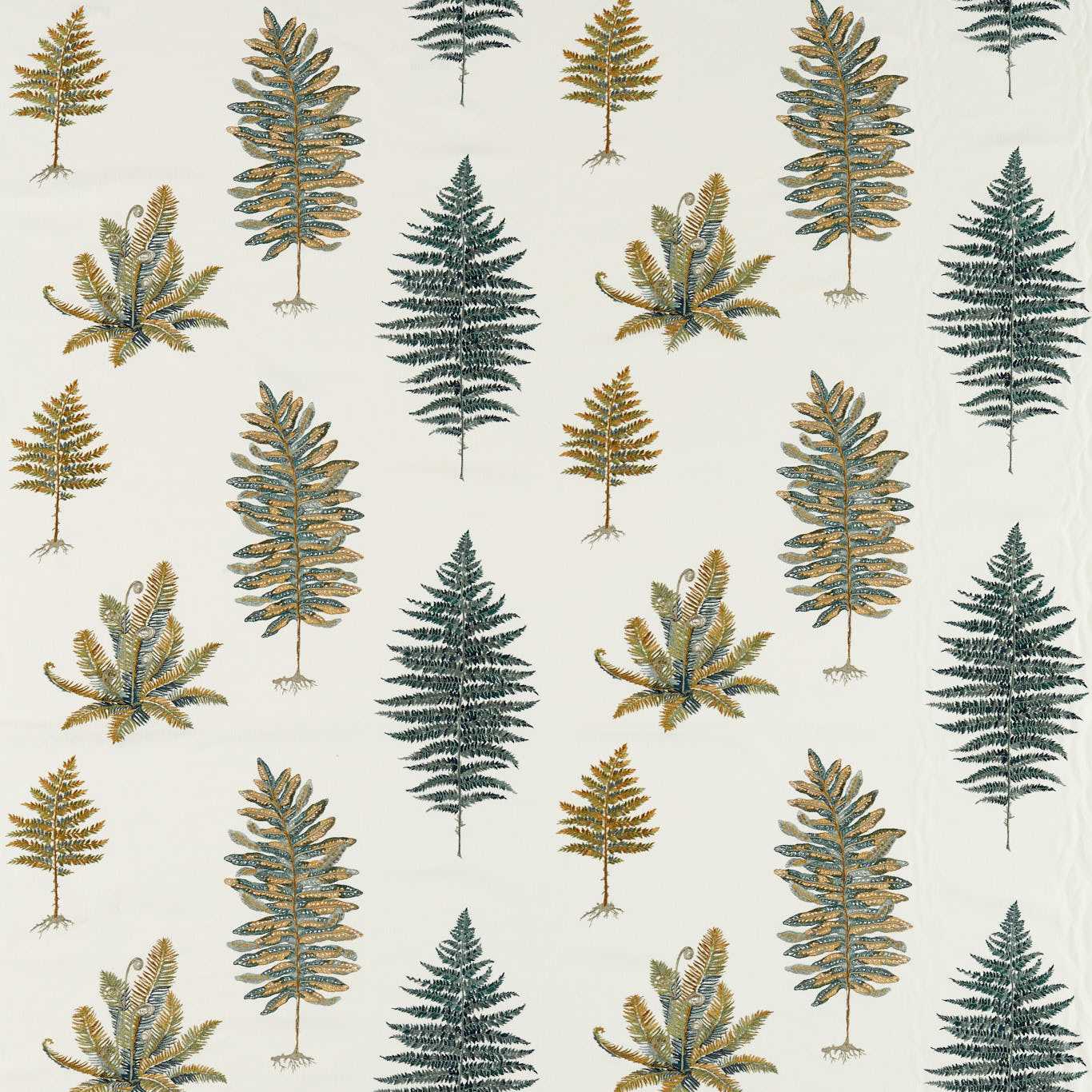 Fernery Embroidery Forest Green Fabric by SAN